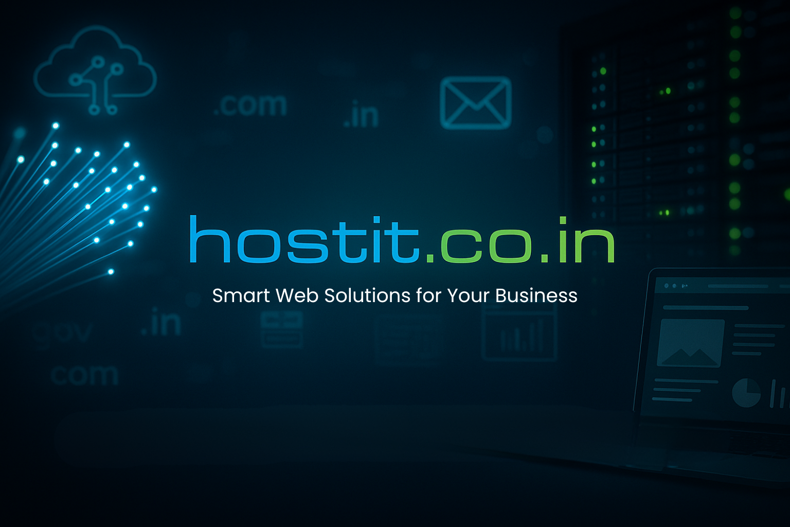 HostIt.co.in branding with the tagline 'Smart Web Solutions for Your Business' over a digital background featuring servers, cloud, and domain icons.