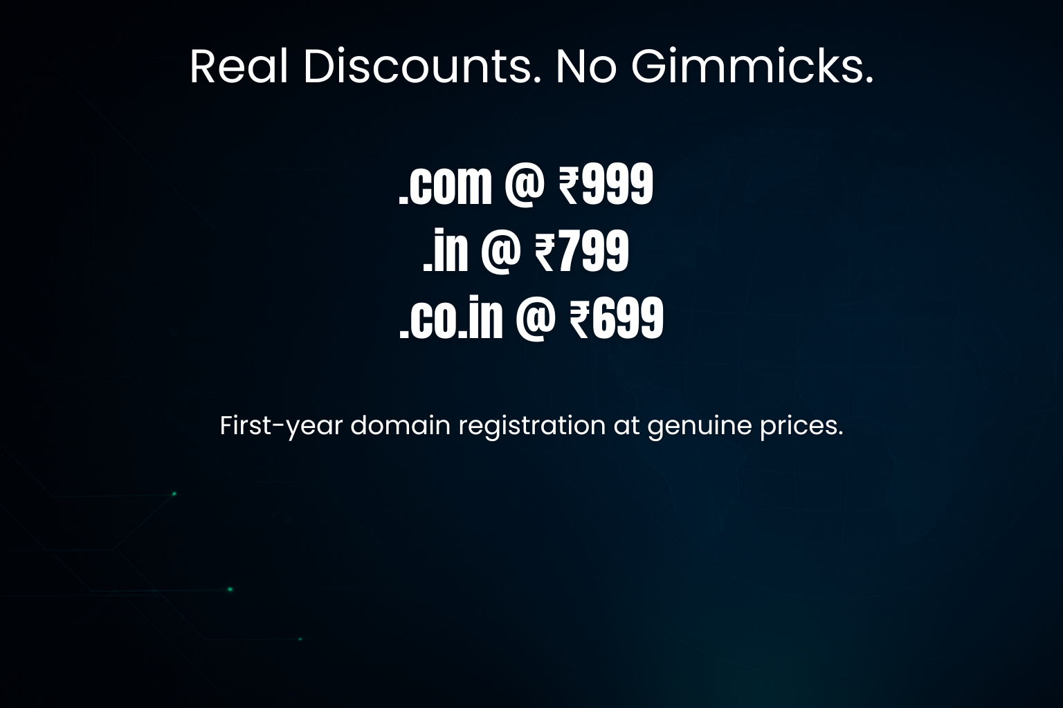 Domain registration offer banner showing real discounts for .com, .in, and .co.in domains at ₹999, ₹799, and ₹699 respectively.